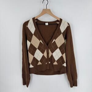 J.Crew Y2K Argyle Wool Cashmere Cardigan Brown Beige Preppy Sweater Size L